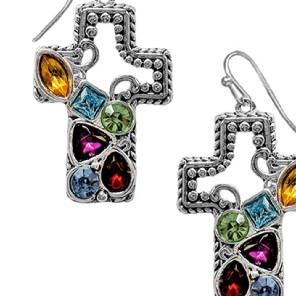 Multicolor Gemstone Cross Earrings